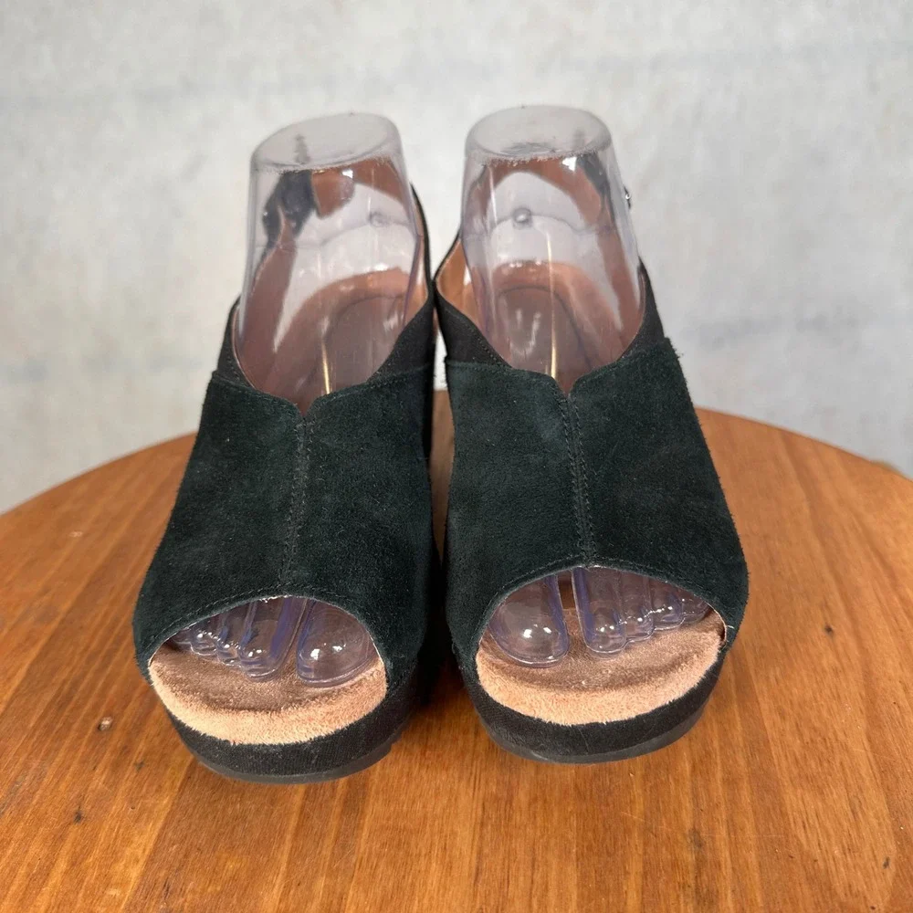 Vionic Trixie Wedge Sandals Womens 6.5 Black Good Suede Peep Toe 10010569